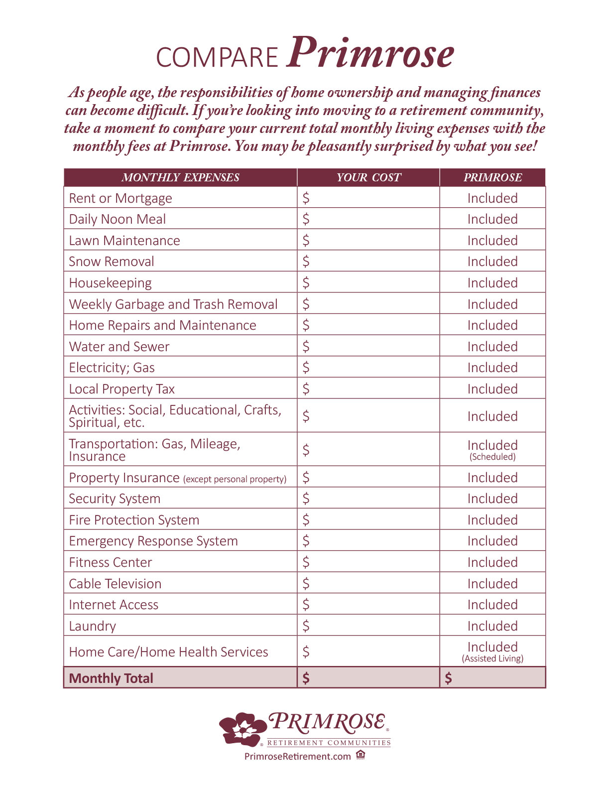 primrose retirement cost